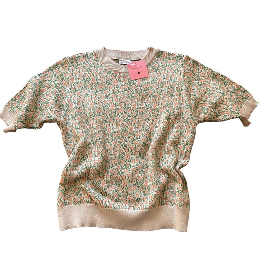 Blush knit green pink floral pattern short sleeve sweater size M